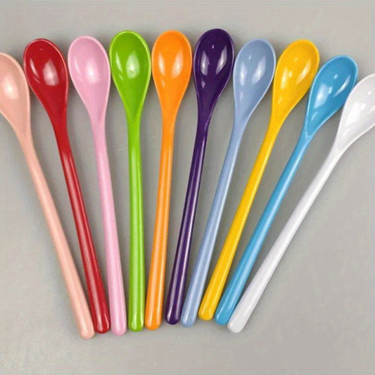 One piece of colorful plastic long-handled coffee spoon, made of melamine material for stirring, with stainless steel construction for use as tableware in kitchens.