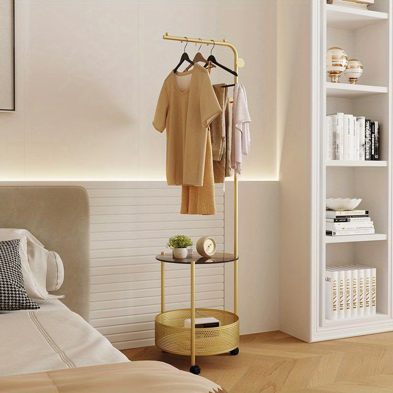 Freestanding Clothing Rack with Shelves, Luxury Glass and Iron Art Mobile Garment Rack for Bedroom, Corner Coat Stand with Overnight Storage Organizer