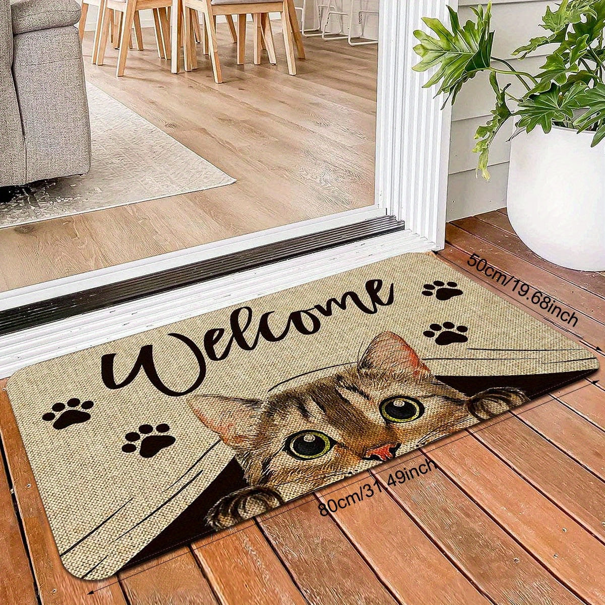 One piece of polyester entrance area floor mat featuring a printed pattern with cat elements and "Welcome Home" text. This non-slip, stain-resistant soft floor mat is suitable for indoor or outdoor use, including as a quick dry kitchen mat. Perfect for