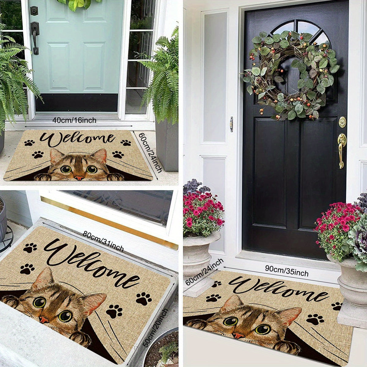 One piece of polyester entrance area floor mat featuring a printed pattern with cat elements and "Welcome Home" text. This non-slip, stain-resistant soft floor mat is suitable for indoor or outdoor use, including as a quick dry kitchen mat. Perfect for