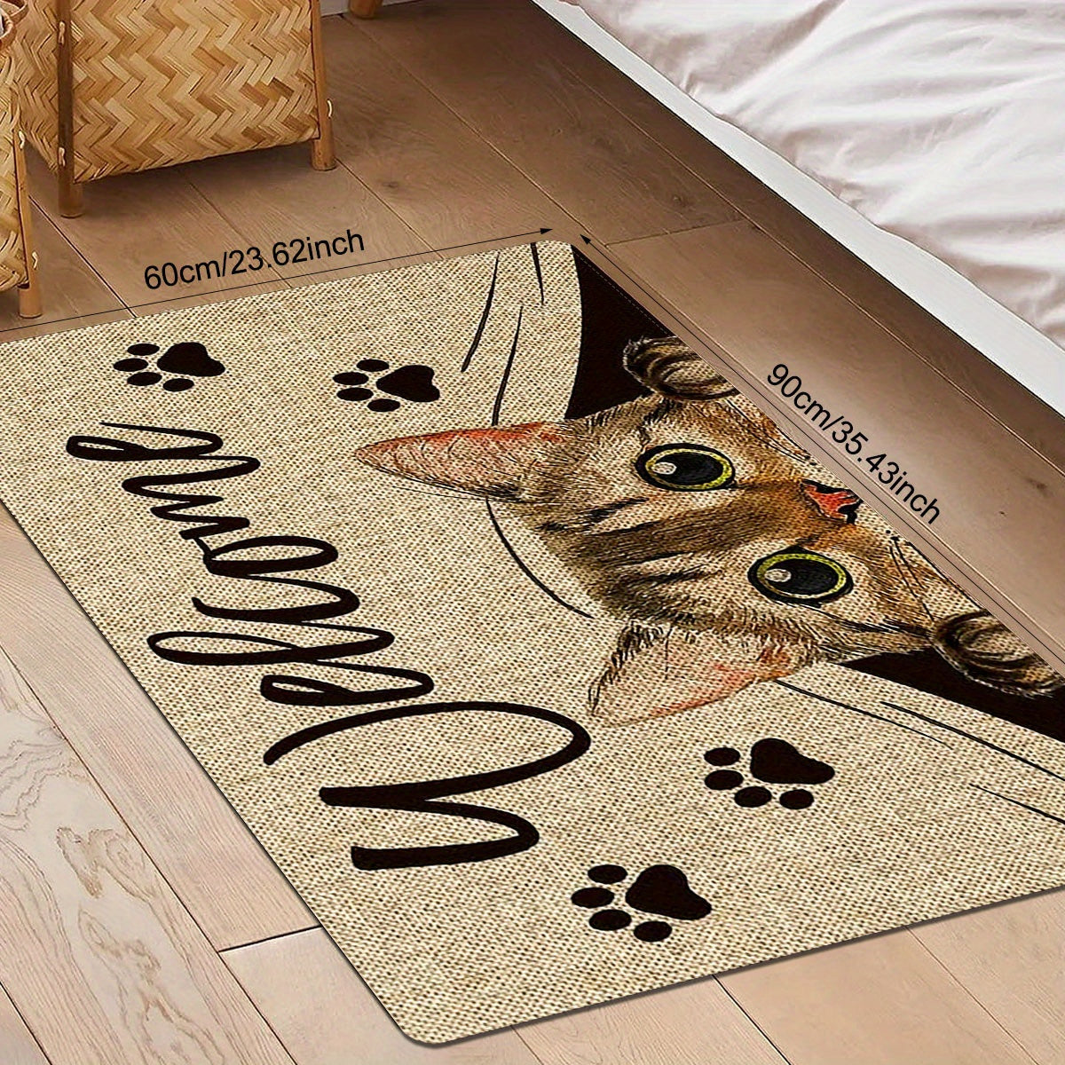 One piece of polyester entrance area floor mat featuring a printed pattern with cat elements and "Welcome Home" text. This non-slip, stain-resistant soft floor mat is suitable for indoor or outdoor use, including as a quick dry kitchen mat. Perfect for