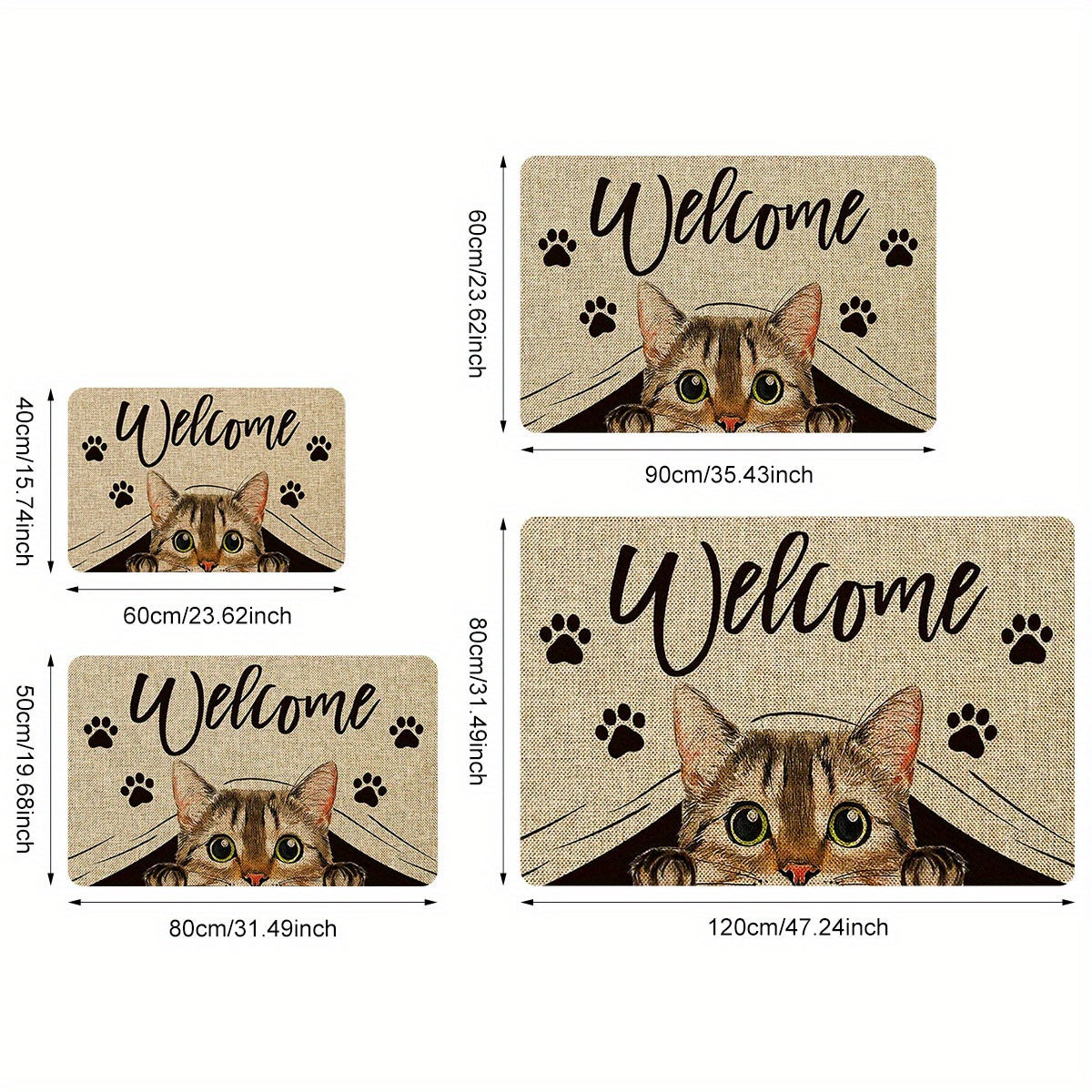 One piece of polyester entrance area floor mat featuring a printed pattern with cat elements and "Welcome Home" text. This non-slip, stain-resistant soft floor mat is suitable for indoor or outdoor use, including as a quick dry kitchen mat. Perfect for