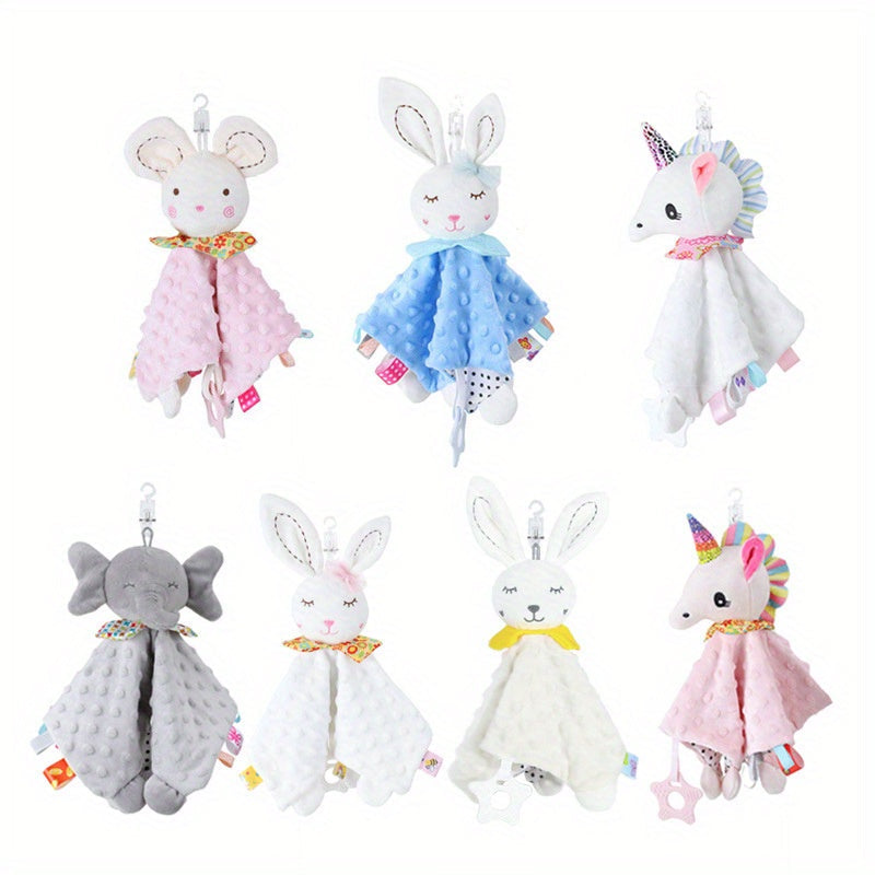 Cute cartoon creatures with elongated ears including bunnies, elephants, tiny mice, unicorns, and plush toy cars, along with hanging beds and toys featuring crisp bells.