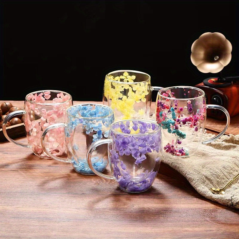 Set of 1 Floral Glass Coffee Mugs, Beautiful Double-Walled High Borosilicate Glass Cups Featuring Flower Petals Design, Stylish Tea Cups for Hot or Cold Beverages, One-of-a-kind Glassware Collection