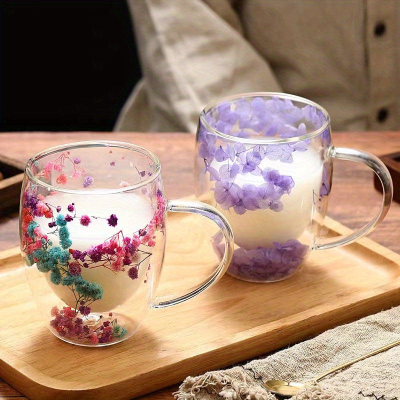 Set of 1 Floral Glass Coffee Mugs, Beautiful Double-Walled High Borosilicate Glass Cups Featuring Flower Petals Design, Stylish Tea Cups for Hot or Cold Beverages, One-of-a-kind Glassware Collection