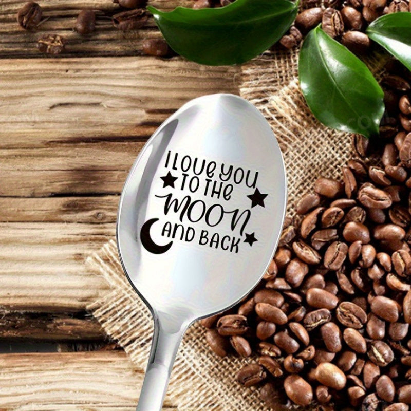 Stainless steel spoon with "I Love You to The Moon And Back" engraving, ideal for Valentine's Day, anniversaries, birthdays, Christmas or parties. Perfect for coffee, ice cream, tea, and desserts. Durable 7.5" design with polished finish.