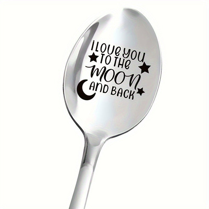 Stainless steel spoon with "I Love You to The Moon And Back" engraving, ideal for Valentine's Day, anniversaries, birthdays, Christmas or parties. Perfect for coffee, ice cream, tea, and desserts. Durable 7.5" design with polished finish.