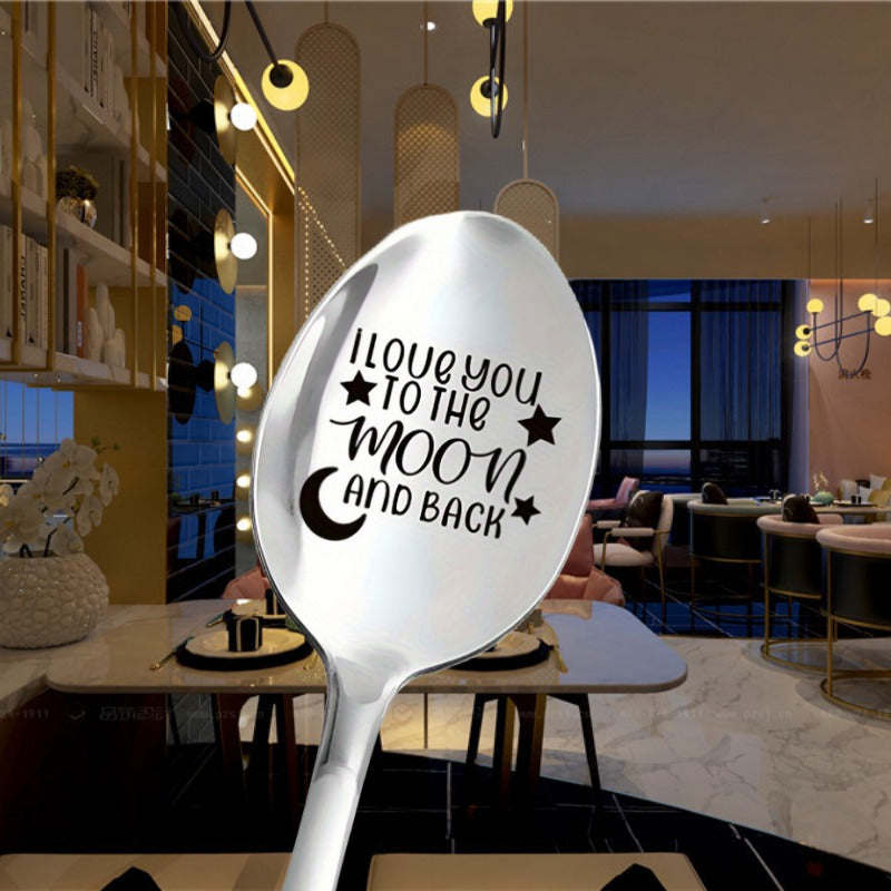 Stainless steel spoon with "I Love You to The Moon And Back" engraving, ideal for Valentine's Day, anniversaries, birthdays, Christmas or parties. Perfect for coffee, ice cream, tea, and desserts. Durable 7.5" design with polished finish.