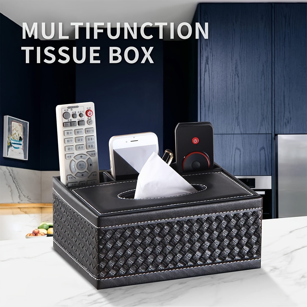 Versatile faux leather tissue and storage box with four compartments, ideal for coffee table and living room. Includes remote control holder and napkin organizer, perfect for home