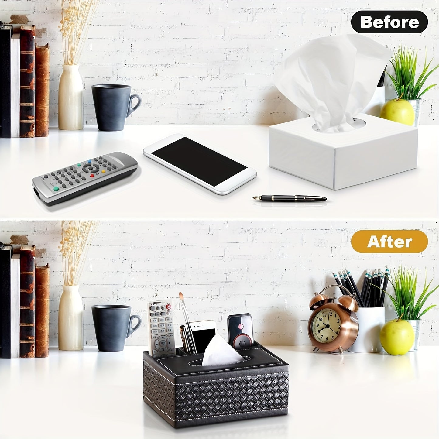 Versatile faux leather tissue and storage box with four compartments, ideal for coffee table and living room. Includes remote control holder and napkin organizer, perfect for home