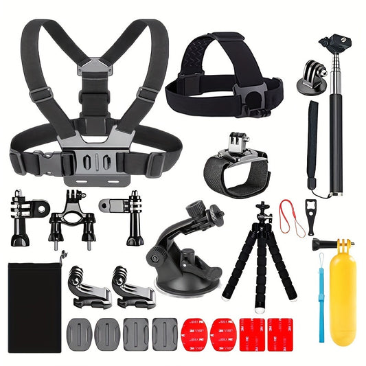 20-in-1 accessory kit for action cameras, compatible with various brands like Go-Pro, Insta360, DJI, SJCAM, APEMAN, AKASO, Includes mounts, brackets, straps, batteries, and charging cable