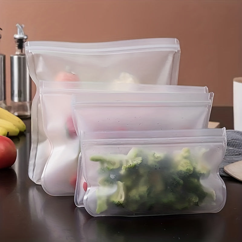 Two reusable silicone food storage bags that are leakproof and BPA-free. These ziplock pouches are ideal for storing fruits, vegetables, sandwiches, and meats. They are perfect for keeping your freezer and kitchen organized.