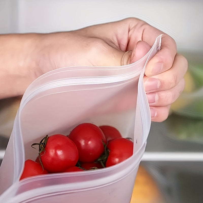 Two reusable silicone food storage bags that are leakproof and BPA-free. These ziplock pouches are ideal for storing fruits, vegetables, sandwiches, and meats. They are perfect for keeping your freezer and kitchen organized.