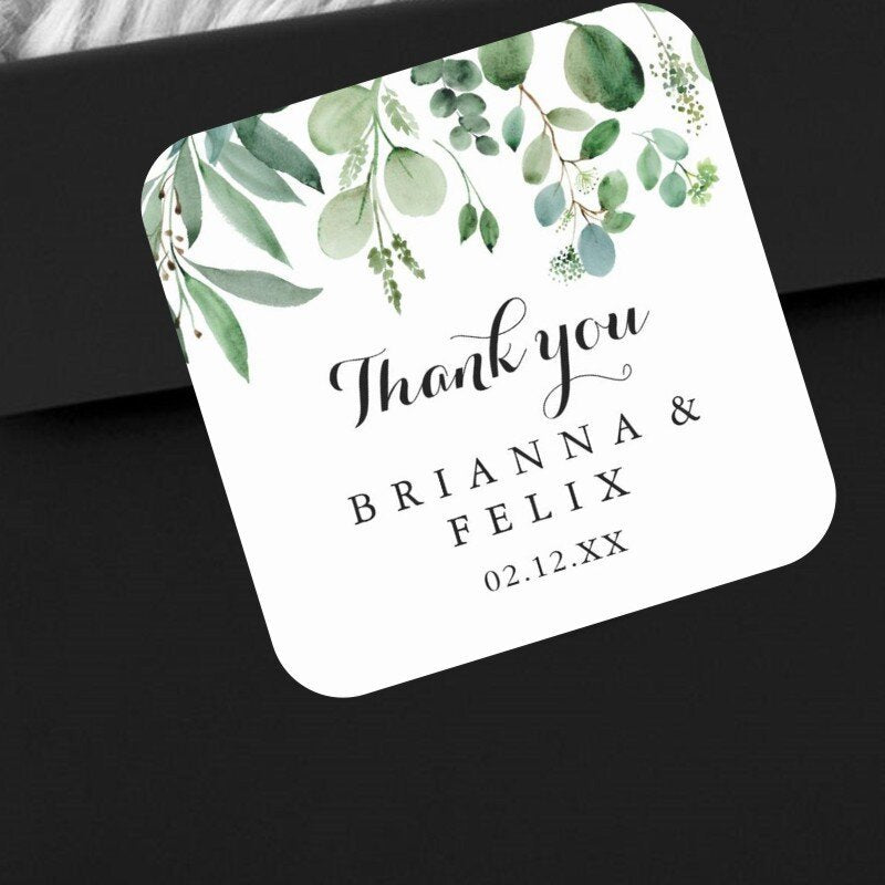 Customize your own Paper Square Labels - Personalized with Name & Date - Thank You Stickers perfect for Bridal Showers, Weddings, and Birthday Party Favors - Available in a Pack of XX.