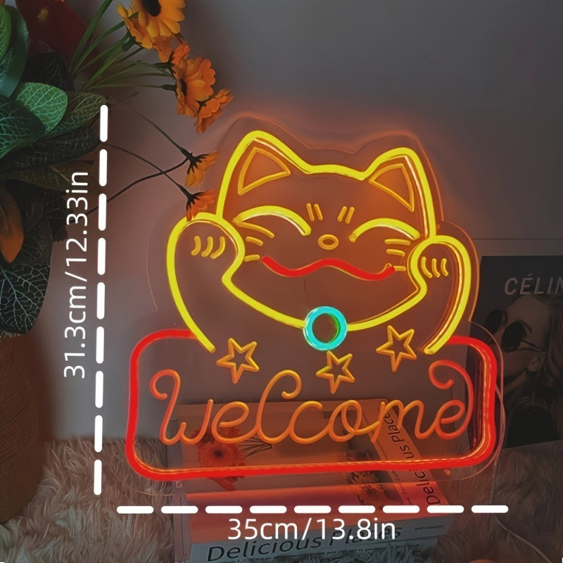 [Custom] Personalized Welcome Cat Neon Sign Light with Transparent Base and USB Interface - Perfect for Room Decoration, Parties, Birthdays, and Holiday Gifts