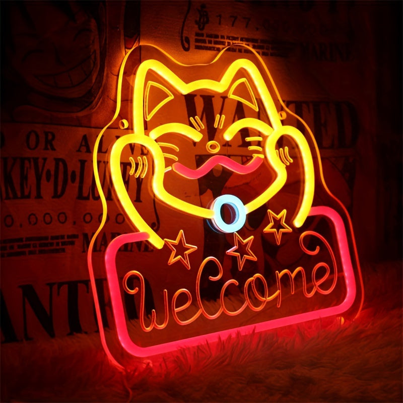 [Custom] Personalized Welcome Cat Neon Sign Light with Transparent Base and USB Interface - Perfect for Room Decoration, Parties, Birthdays, and Holiday Gifts