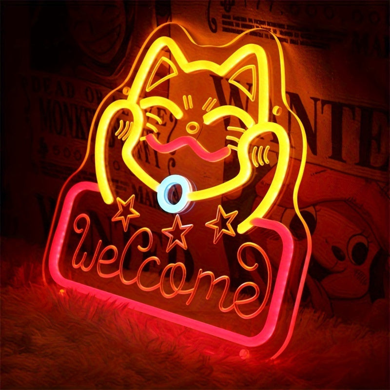 [Custom] Personalized Welcome Cat Neon Sign Light with Transparent Base and USB Interface - Perfect for Room Decoration, Parties, Birthdays, and Holiday Gifts