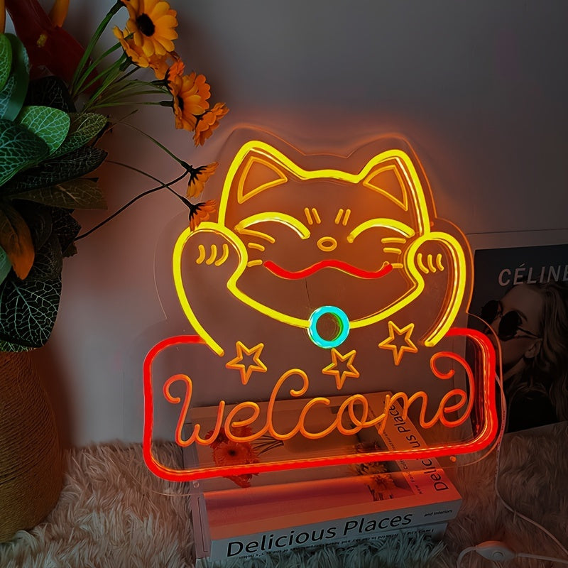 [Custom] Personalized Welcome Cat Neon Sign Light with Transparent Base and USB Interface - Perfect for Room Decoration, Parties, Birthdays, and Holiday Gifts