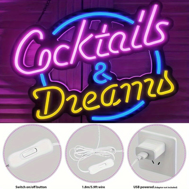 [Customized] 1 piece of Personalized Cocktails And Dream Neon Sign Nightlight, Decorative Lights for Bars, Clubs, Hotels, Cafes, Weddings, Birthday Parties, USB-powered