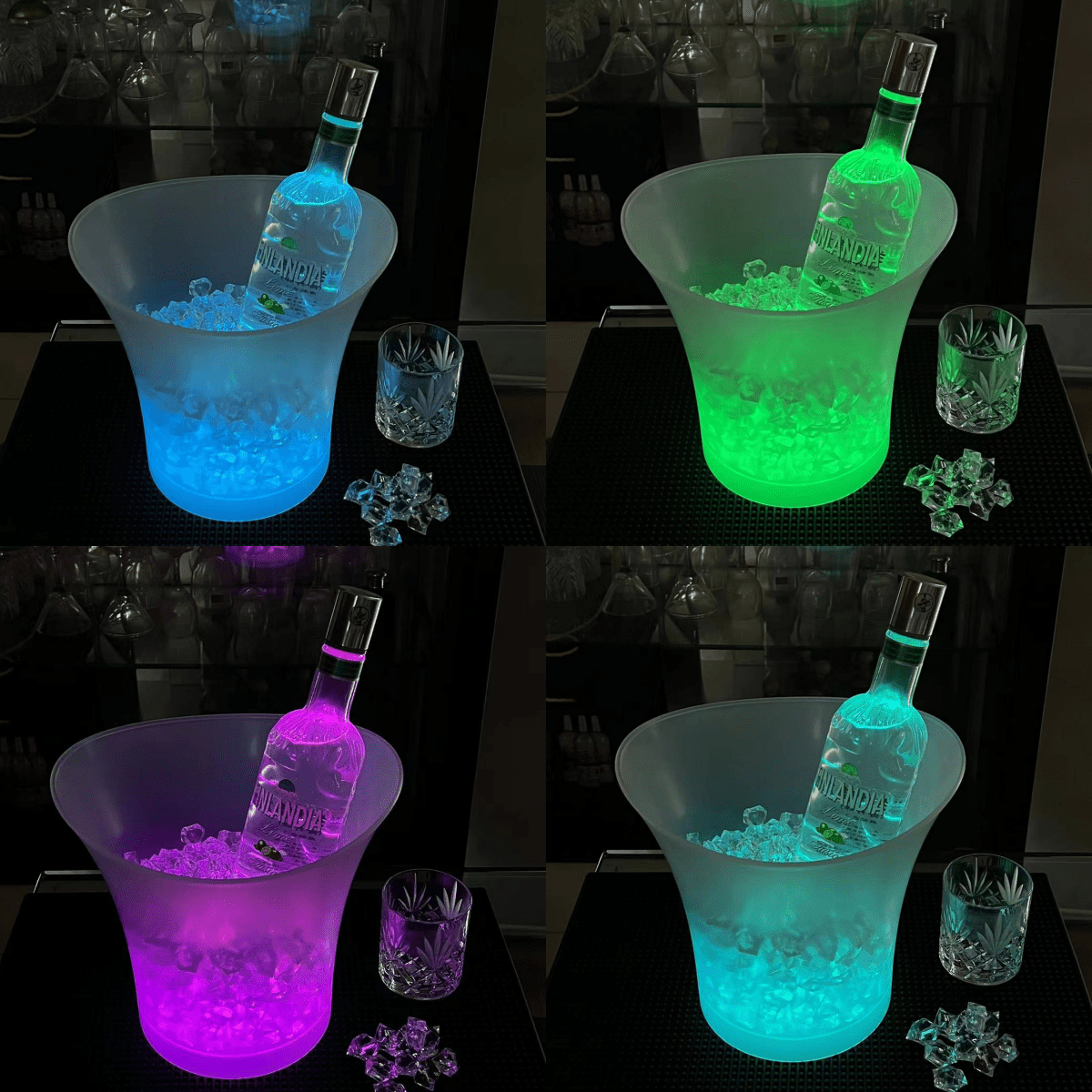 LED ice bucket with color-changing lights, ideal for parties and home use, battery-powered (batteries not included). Great for bars, clubs, and kitchens.