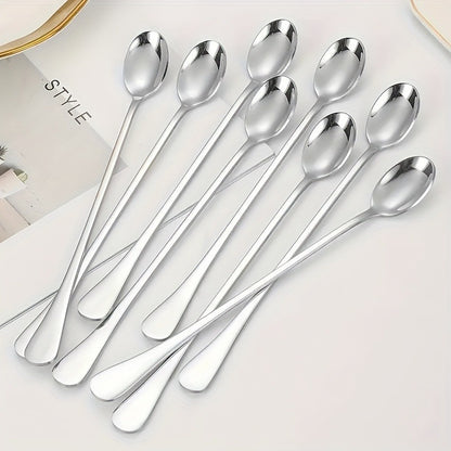 8 stainless steel long-handled spoons suitable for ice tea, coffee, and ice cream stirring. Dishwasher safe and versatile kitchen accessory.