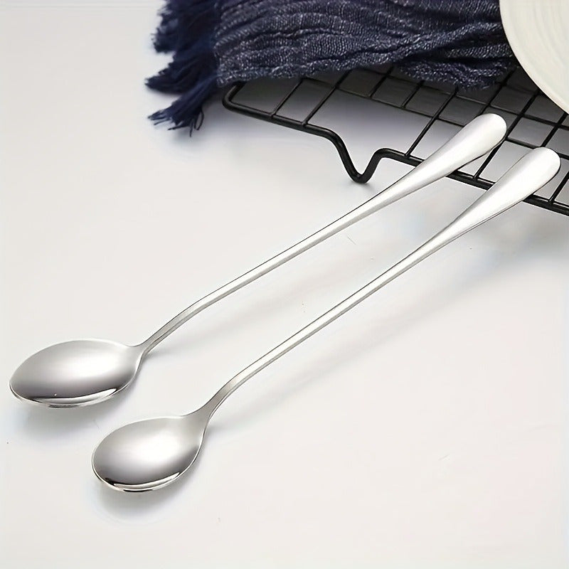 8 stainless steel long-handled spoons suitable for ice tea, coffee, and ice cream stirring. Dishwasher safe and versatile kitchen accessory.