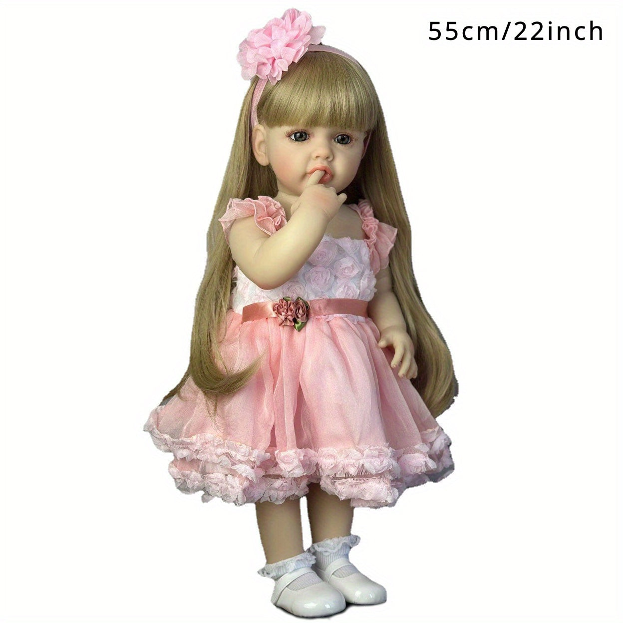 55.88cm Lifelike Princess Youngsters Girl Reborn Doll with soft silicone body, pink dress, long blonde wig, ideal gift for youngsters and collectors.