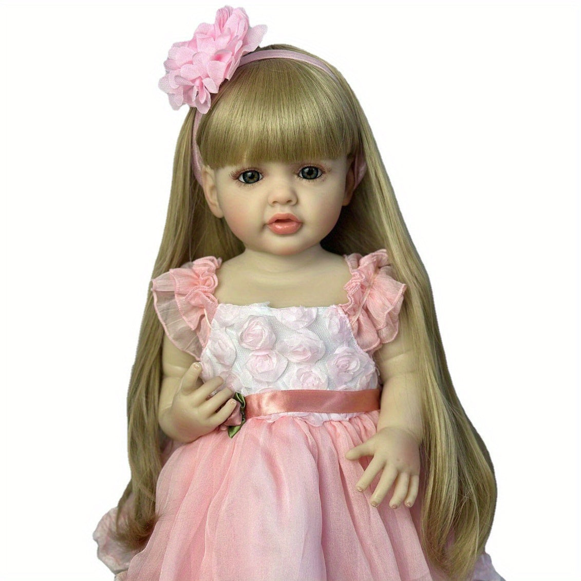 55.88cm Lifelike Princess Youngsters Girl Reborn Doll with soft silicone body, pink dress, long blonde wig, ideal gift for youngsters and collectors.