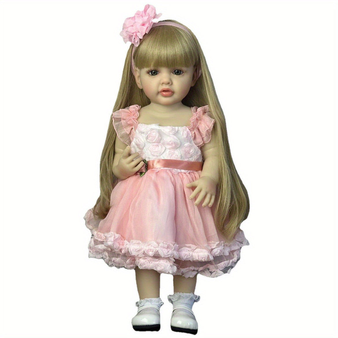 55.88cm Lifelike Princess Youngsters Girl Reborn Doll with soft silicone body, pink dress, long blonde wig, ideal gift for youngsters and collectors.