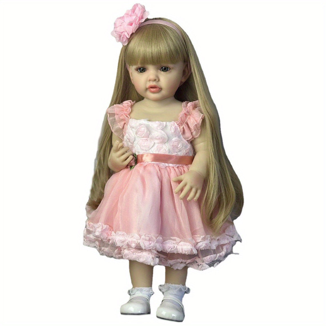 55.88cm Lifelike Princess Youngsters Girl Reborn Doll with soft silicone body, pink dress, long blonde wig, ideal gift for youngsters and collectors.