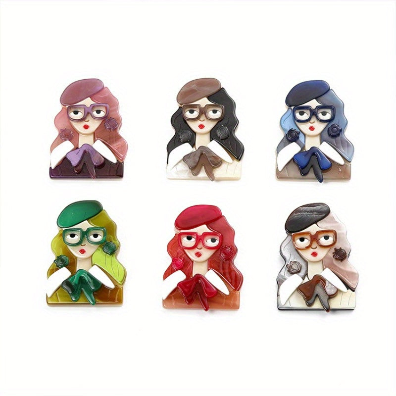 Chic and Simple Acrylic Girl with Glasses Brooch - A Touch of Quirky Elegance for Your Dresses, Sweaters, and Coats