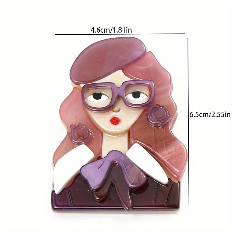 Chic and Simple Acrylic Girl with Glasses Brooch - A Touch of Quirky Elegance for Your Dresses, Sweaters, and Coats