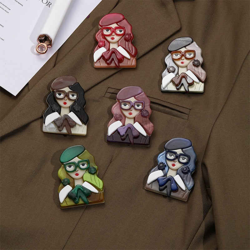 Chic and Simple Acrylic Girl with Glasses Brooch - A Touch of Quirky Elegance for Your Dresses, Sweaters, and Coats