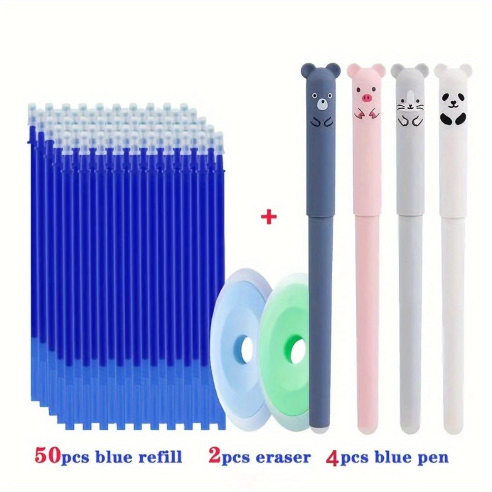 56-piece set of Kawaii Panda erasable gel pens with refillable stick and washable handle, ideal for school and office use. Includes 4 pens, 2 erasers, and 50 refills.