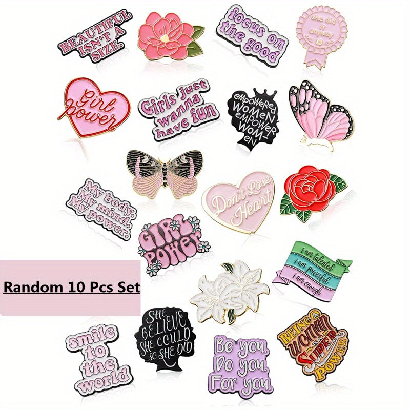 Set of 15/10/5 Enamel Pins and Brooches for Women - Stylish Alloy Lapel Pins featuring Feminist Messages, Floral Designs & Love Symbols - Chic Empowering Accessories for Backpacks and Hats