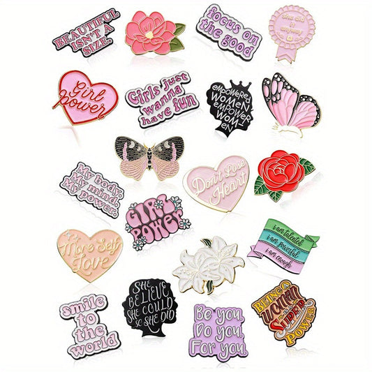 Set of 15/10/5 Enamel Pins and Brooches for Women - Stylish Alloy Lapel Pins featuring Feminist Messages, Floral Designs & Love Symbols - Chic Empowering Accessories for Backpacks and Hats