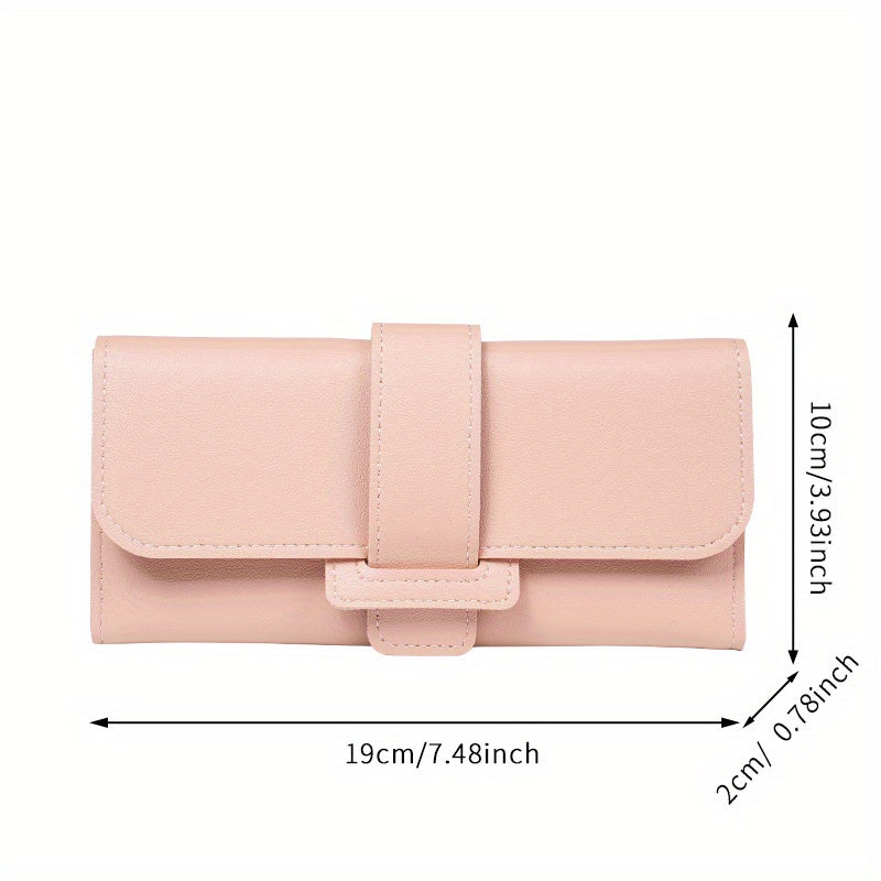 Stylish women's long wallet with multiple card slots and coin purse, features a chic buckle clutch for mobile phone.