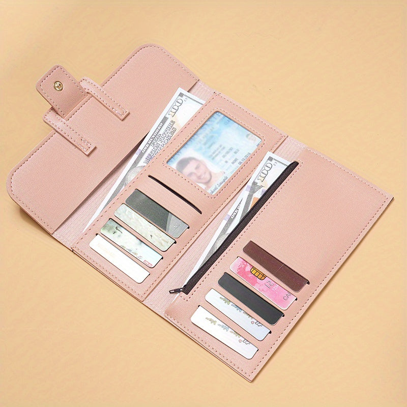 Stylish women's long wallet with multiple card slots and coin purse, features a chic buckle clutch for mobile phone.