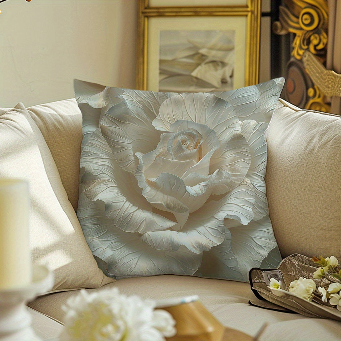 1 piece of 3D embossed flower printed sofa pillow cover made of peach skin material, single-sided, size 45*45cm.