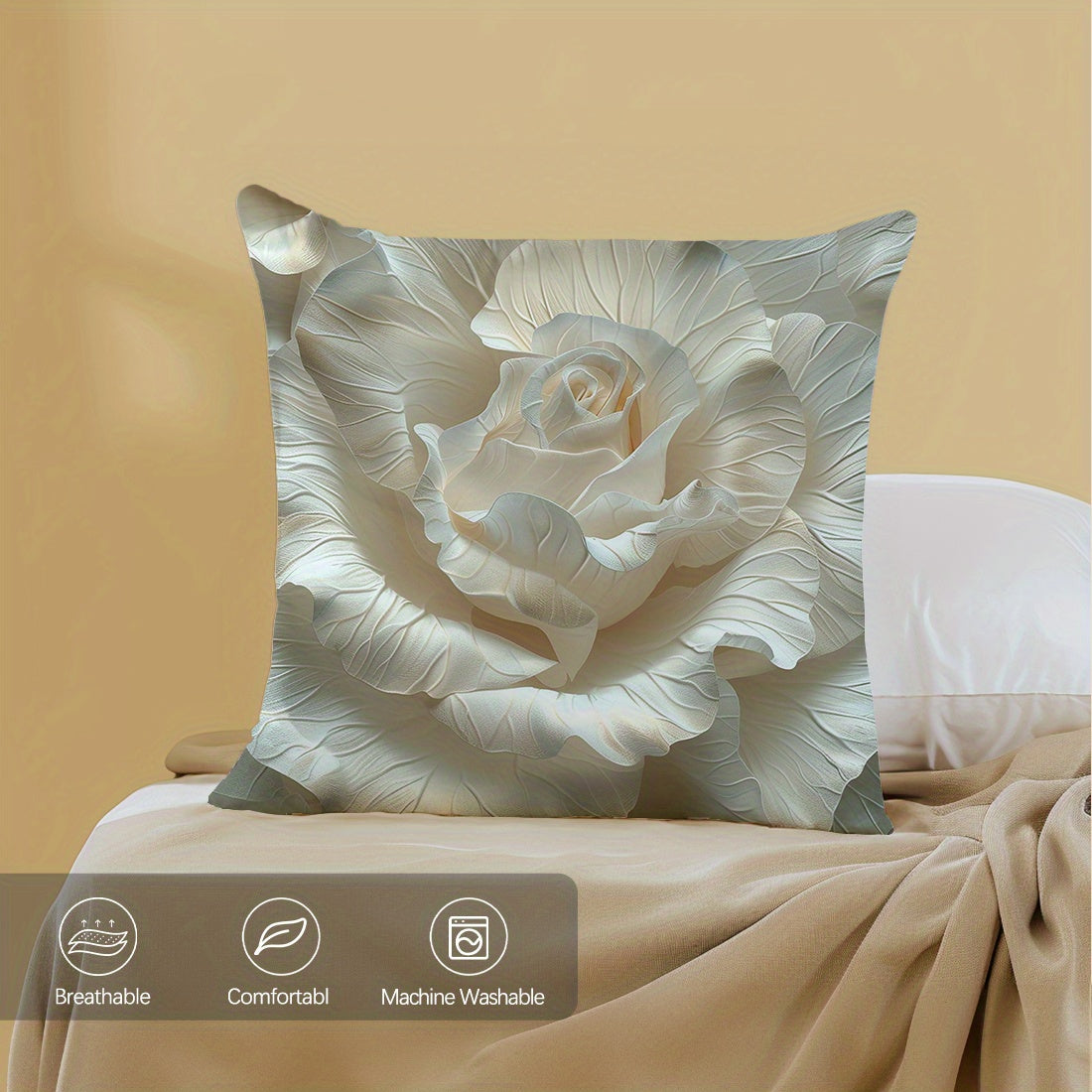 1 piece of 3D embossed flower printed sofa pillow cover made of peach skin material, single-sided, size 45*45cm.