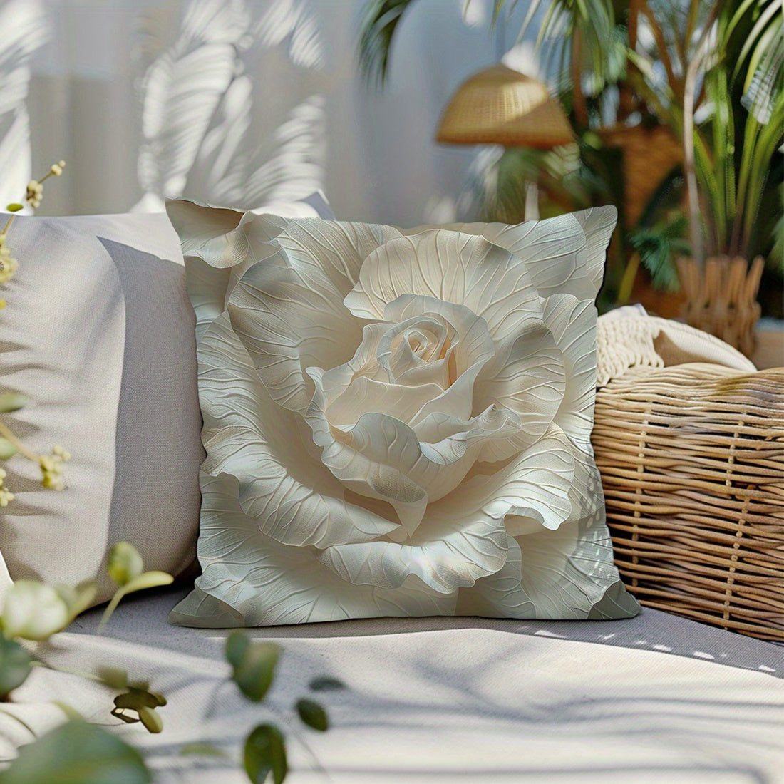 1 piece of 3D embossed flower printed sofa pillow cover made of peach skin material, single-sided, size 45*45cm.