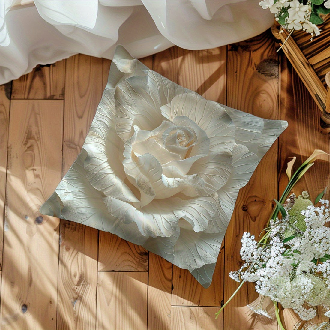 1 piece of 3D embossed flower printed sofa pillow cover made of peach skin material, single-sided, size 45*45cm.