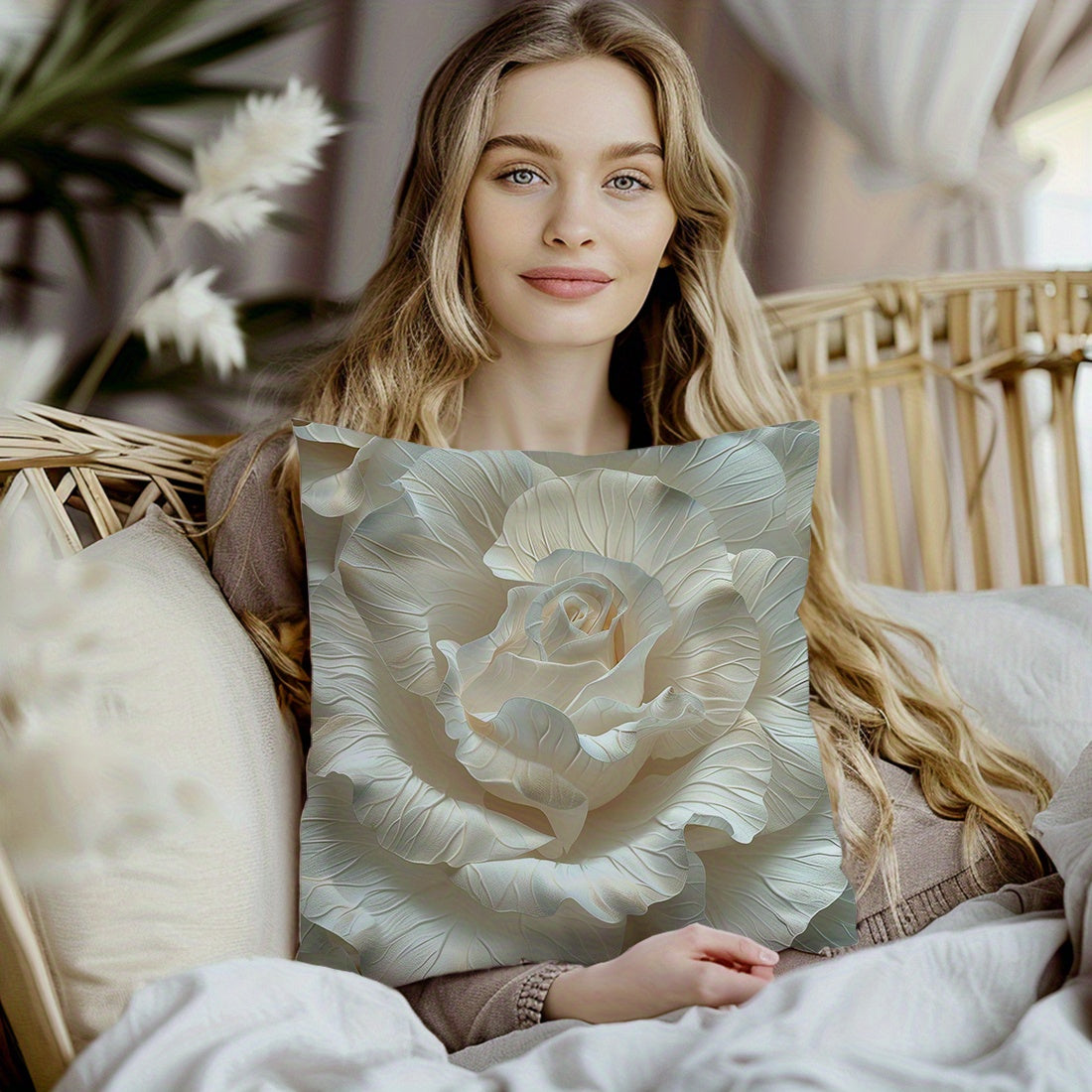 1 piece of 3D embossed flower printed sofa pillow cover made of peach skin material, single-sided, size 45*45cm.