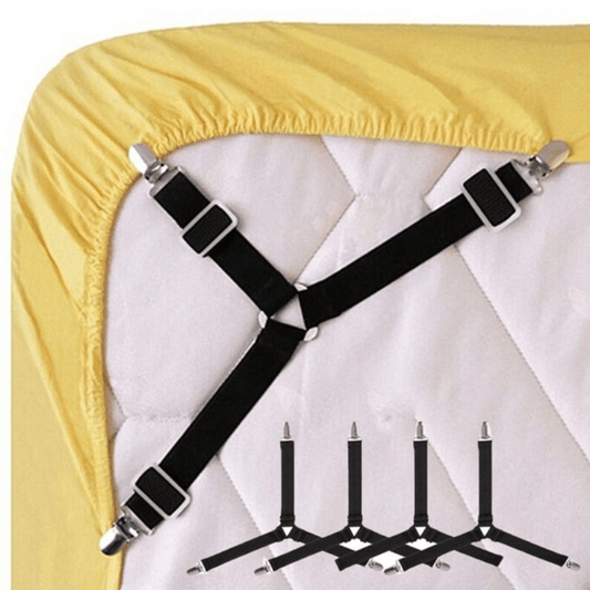 Set of 4 Adjustable Elastic Sheet Fasteners - Non-Slip Triangle Straps for Securely Holding Bed Sheets, Sofa Cushions, and Bedding. Features Metal Clips for Durability. Practical, Discreet, Reusable, and Removable. Hand Wash Only.