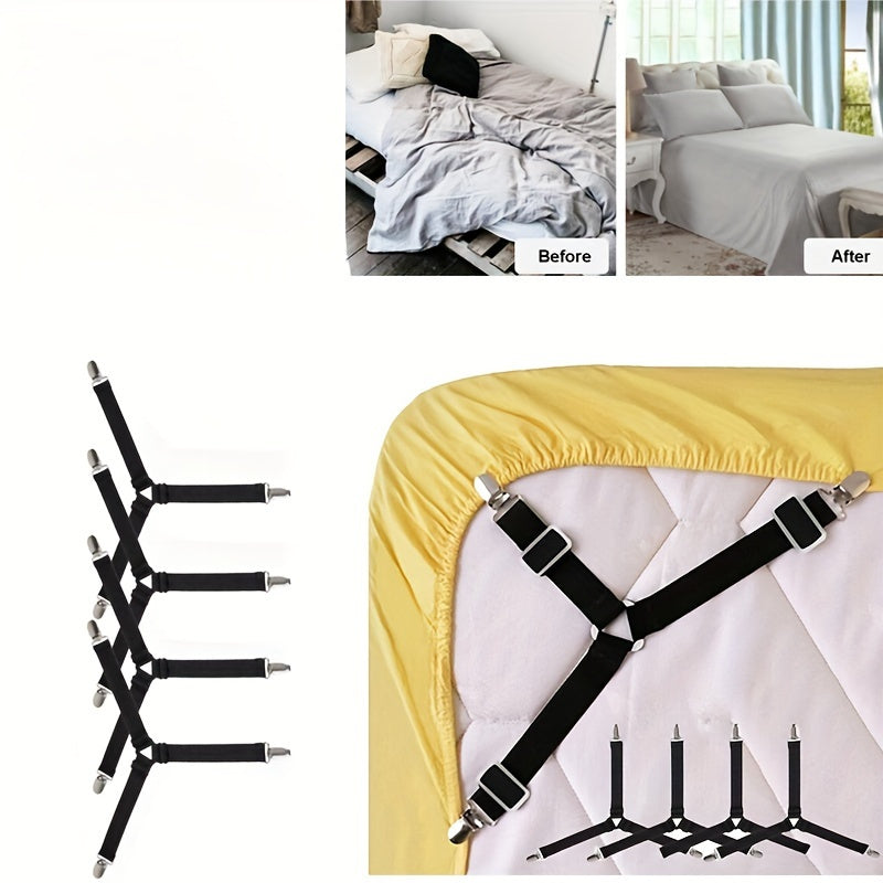 Set of 4 Adjustable Elastic Sheet Fasteners - Non-Slip Triangle Straps for Securely Holding Bed Sheets, Sofa Cushions, and Bedding. Features Metal Clips for Durability. Practical, Discreet, Reusable, and Removable. Hand Wash Only.