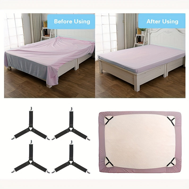 Set of 4 Adjustable Elastic Sheet Fasteners - Non-Slip Triangle Straps for Securely Holding Bed Sheets, Sofa Cushions, and Bedding. Features Metal Clips for Durability. Practical, Discreet, Reusable, and Removable. Hand Wash Only.