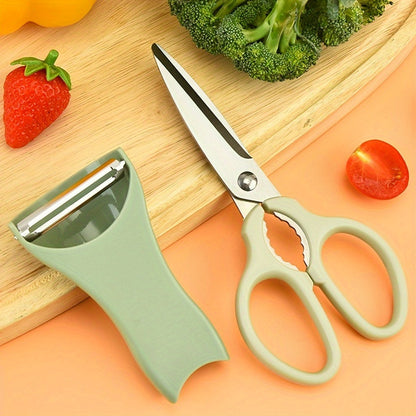 Light Green/Beige Ergonomic Stainless Steel Kitchen Scissors and Vegetable Peeler Combo - Food-Safe Tools for Effortless Chopping and Peeling, Multi-Purpose Kitchen Essential