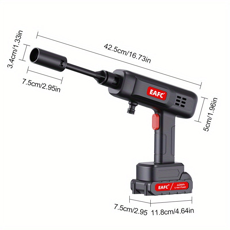 Portable cordless high pressure washer for cars, floors, and fences with accessories.