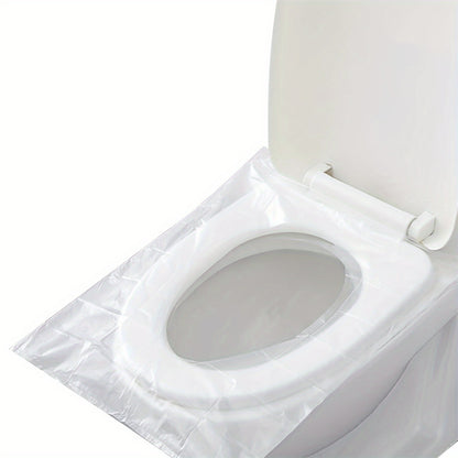 50 portable disposable toilet seat covers, transparent plastic, waterproof and hygienic, cushioned paper alternative for travel.