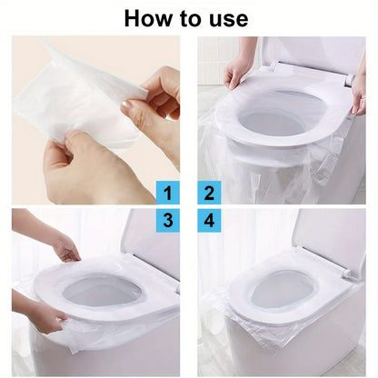 50 portable disposable toilet seat covers, transparent plastic, waterproof and hygienic, cushioned paper alternative for travel.